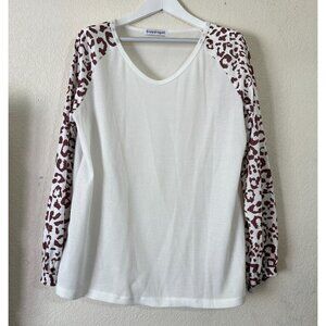 Snapdragon Womens White Leopard Long Sleeve Top 2XL Waffle Knit Stretch Casual